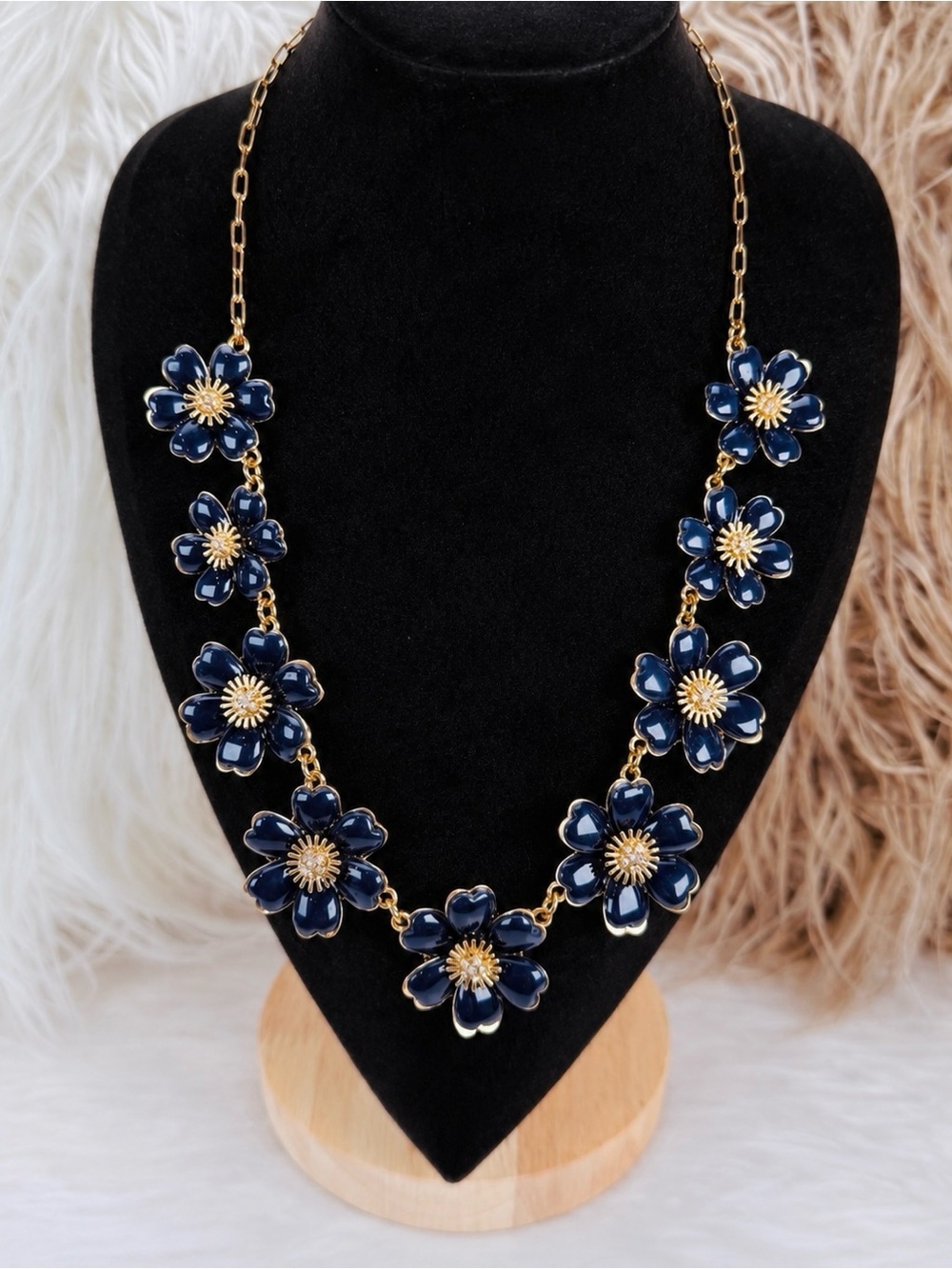 Beautiful, vintage goldtone, blue enamel, clear, bling weighted necklace